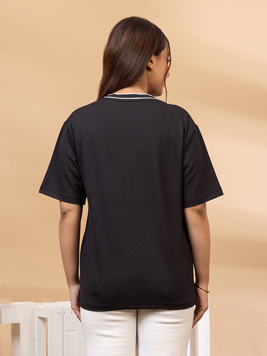ARISH Savage Women's Black Cotton T-Shirt with Patch Work, Crew Neck, Short Sleeve, Casual Summer Wear