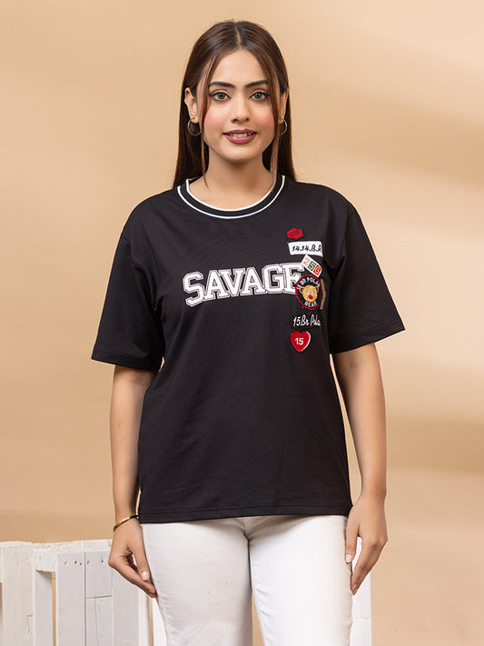 ARISH Savage Women's Black Cotton T-Shirt with Patch Work, Crew Neck, Short Sleeve, Casual Summer Wear