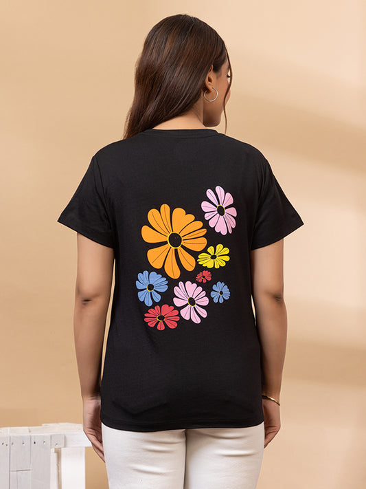 ARISH Women's Black Cotton T-Shirt with Colorful Floral HD Print, Short Sleeve Casual Graphic Tee, Front and Back Flower Design