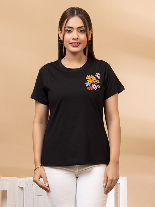 ARISH Women's Black Cotton T-Shirt with Colorful Floral HD Print, Short Sleeve Casual Graphic Tee, Front and Back Flower Design