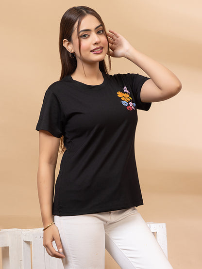 ARISH Women's Black Cotton T-Shirt with Colorful Floral HD Print, Short Sleeve Casual Graphic Tee, Front and Back Flower Design