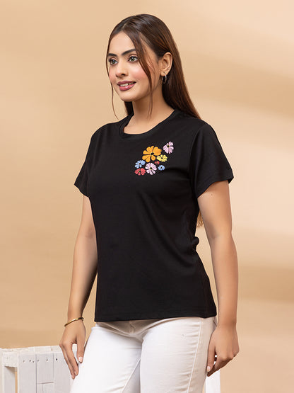 ARISH Women's Black Cotton T-Shirt with Colorful Floral HD Print, Short Sleeve Casual Graphic Tee, Front and Back Flower Design