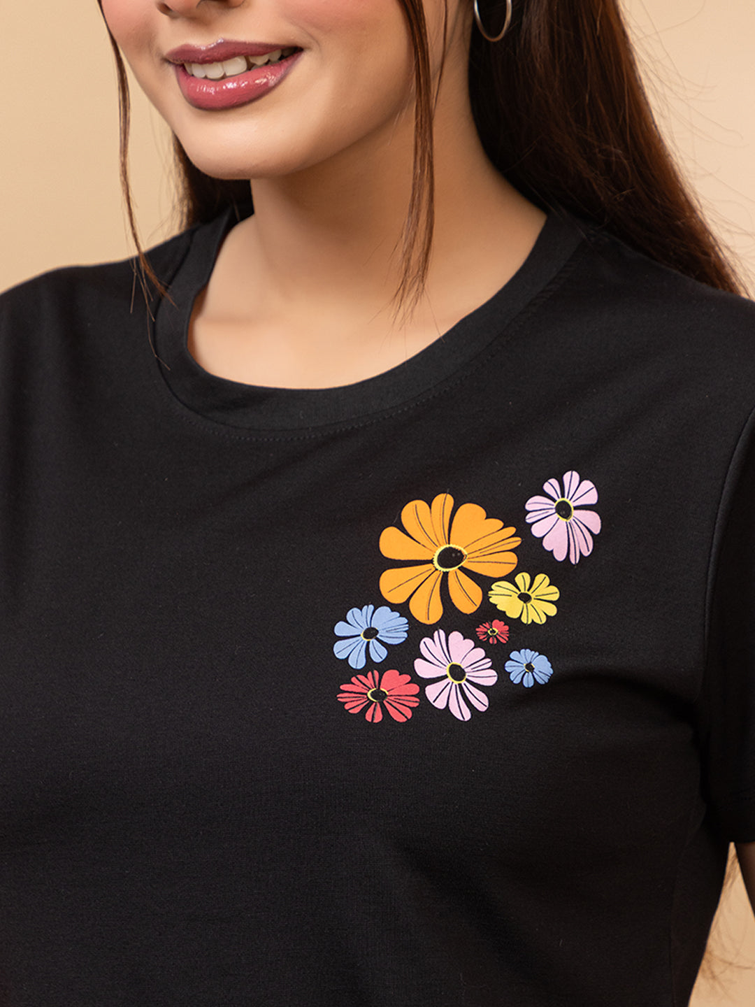 ARISH Women's Black Cotton T-Shirt with Colorful Floral HD Print, Short Sleeve Casual Graphic Tee, Front and Back Flower Design