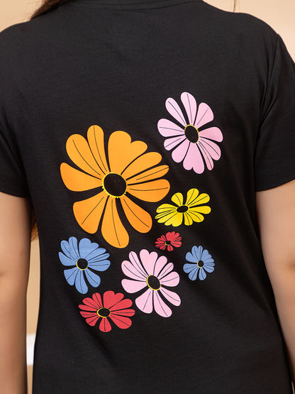 ARISH Women's Black Cotton T-Shirt with Colorful Floral HD Print, Short Sleeve Casual Graphic Tee, Front and Back Flower Design