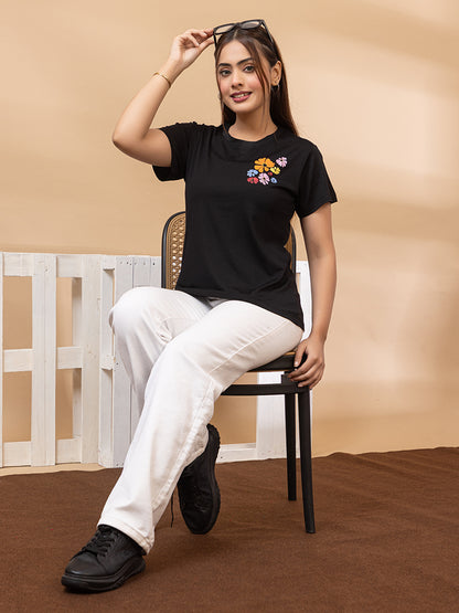 ARISH Women's Black Cotton T-Shirt with Colorful Floral HD Print, Short Sleeve Casual Graphic Tee, Front and Back Flower Design