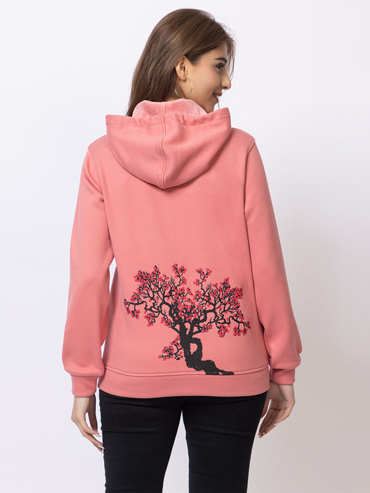ARISH Peach Zipper Hoodie with Floral Print, Imported Fleece for Women