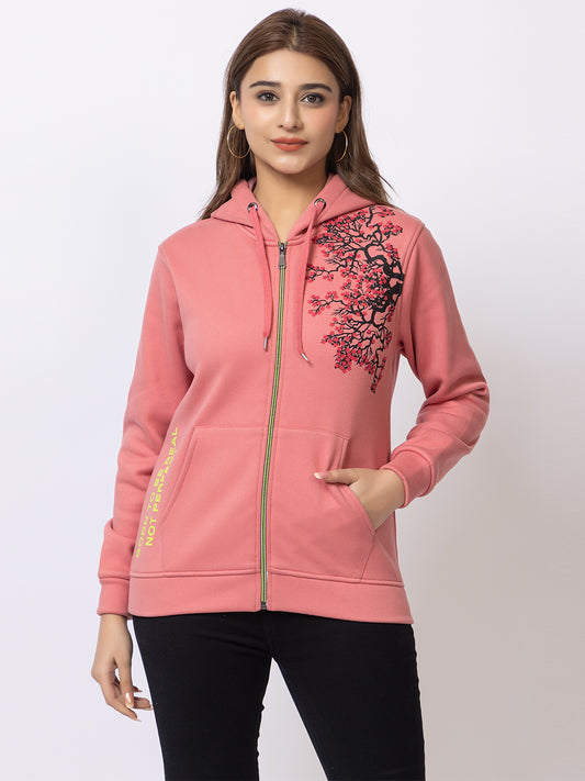 ARISH Peach Zipper Hoodie with Floral Print, Imported Fleece for Women