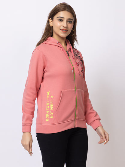 ARISH Peach Zipper Hoodie with Floral Print, Imported Fleece for Women