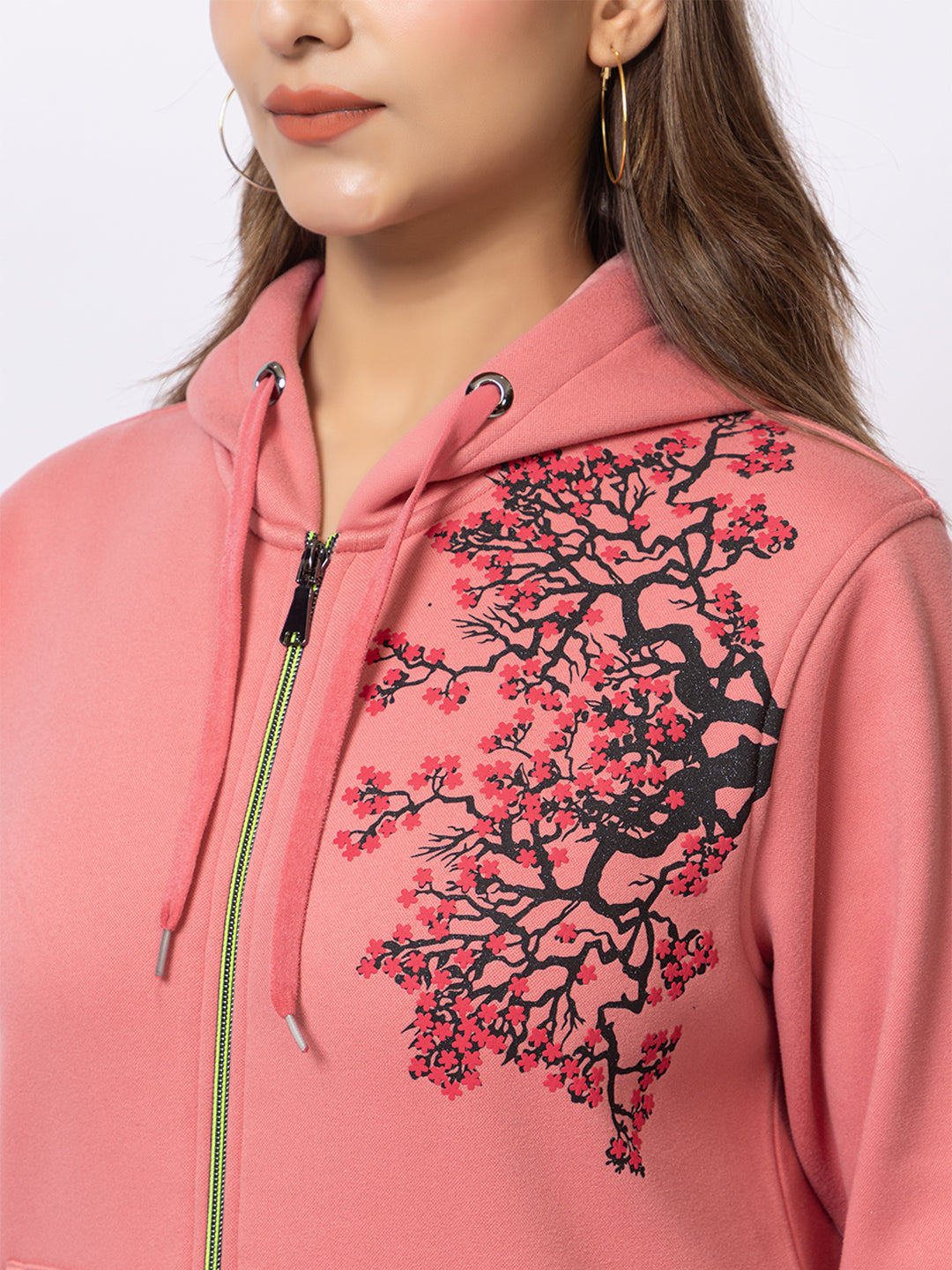 ARISH Peach Zipper Hoodie with Floral Print, Imported Fleece for Women
