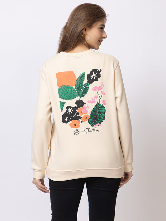 ARISH Multicolor Floral Print Round Neck Cream Sweatshirt for Women, HD Printing, Imported Fleece
