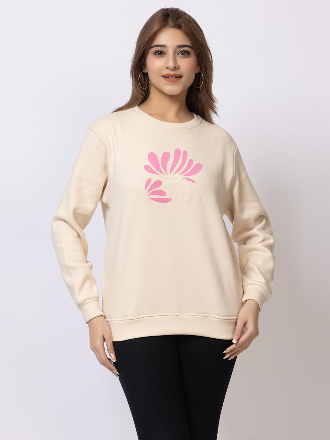 ARISH Multicolor Floral Print Round Neck Cream Sweatshirt for Women, HD Printing, Imported Fleece