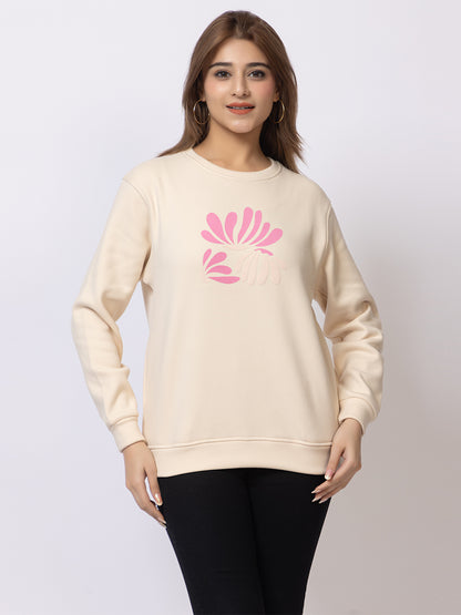 ARISH Multicolor Floral Print Round Neck Cream Sweatshirt for Women, HD Printing, Imported Fleece