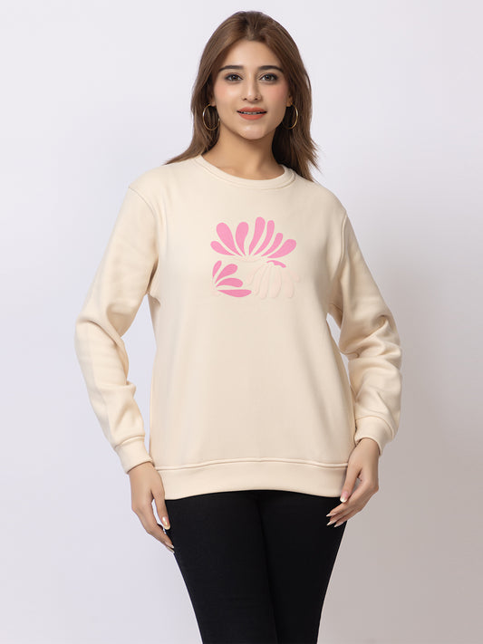 ARISH Multicolor Floral Print Round Neck Cream Sweatshirt for Women, HD Printing, Imported Fleece
