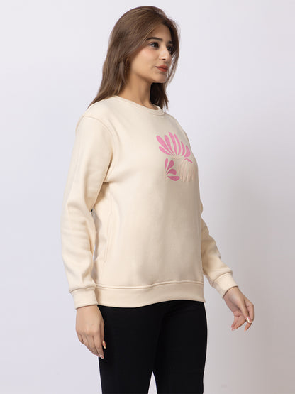 ARISH Multicolor Floral Print Round Neck Cream Sweatshirt for Women, HD Printing, Imported Fleece