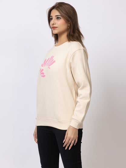 ARISH Multicolor Floral Print Round Neck Cream Sweatshirt for Women, HD Printing, Imported Fleece