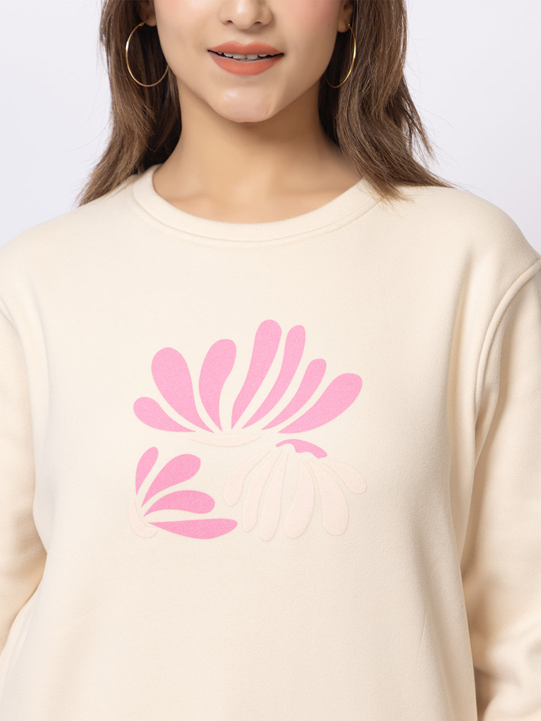 ARISH Multicolor Floral Print Round Neck Cream Sweatshirt for Women, HD Printing, Imported Fleece