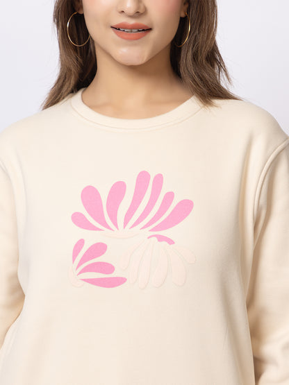 ARISH Multicolor Floral Print Round Neck Cream Sweatshirt for Women, HD Printing, Imported Fleece