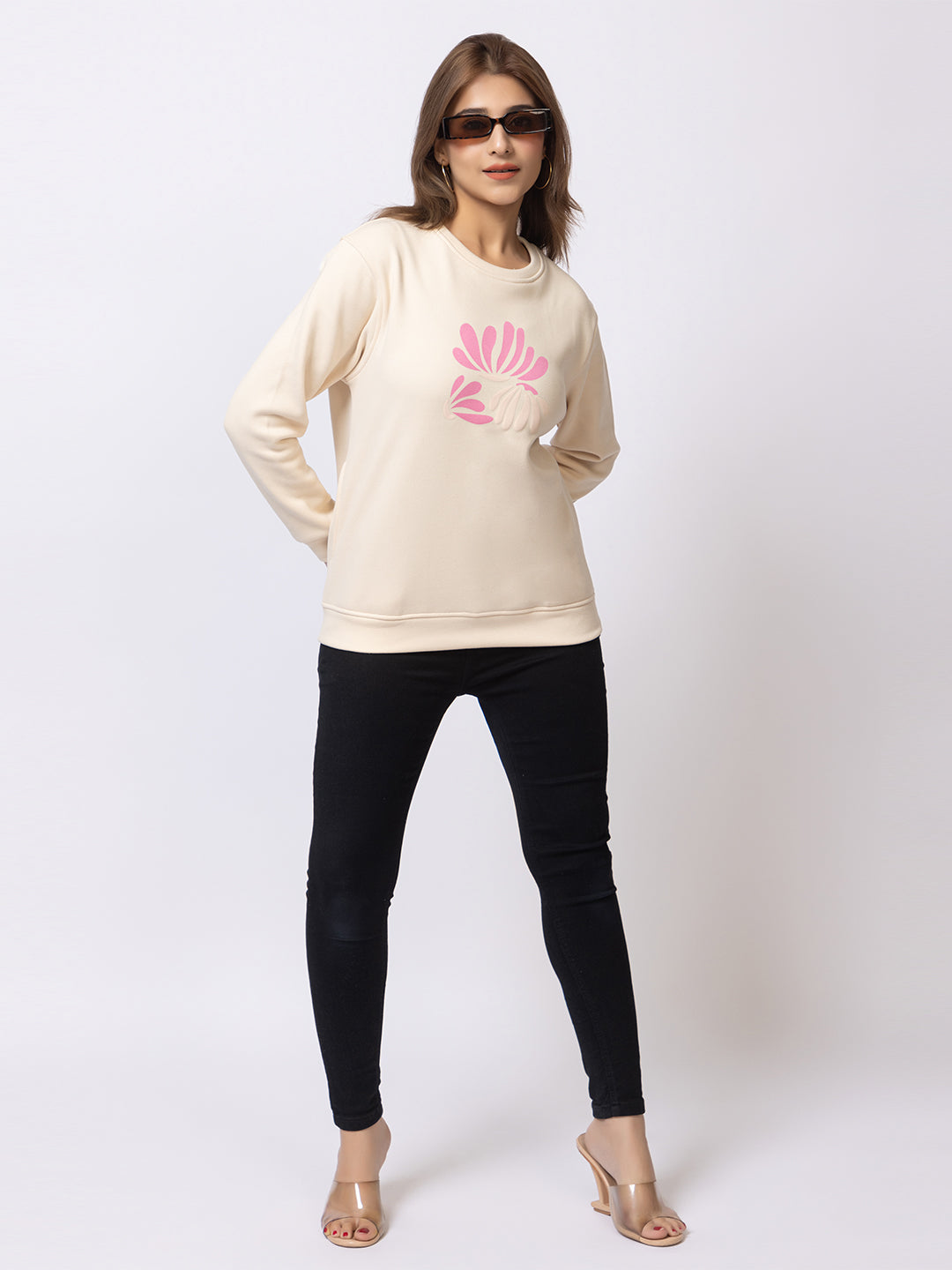 ARISH Multicolor Floral Print Round Neck Cream Sweatshirt for Women, HD Printing, Imported Fleece