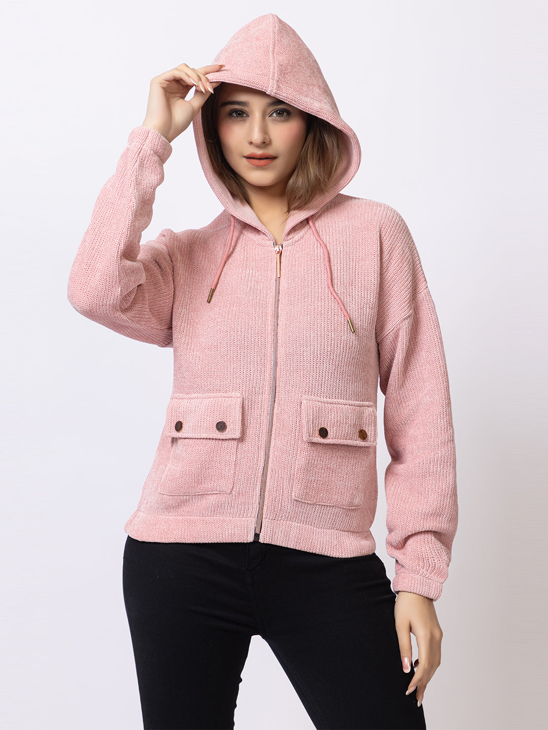 ARISH Light Pink Zipper Hoodie Sweater Knit with Patch Pockets, for Women