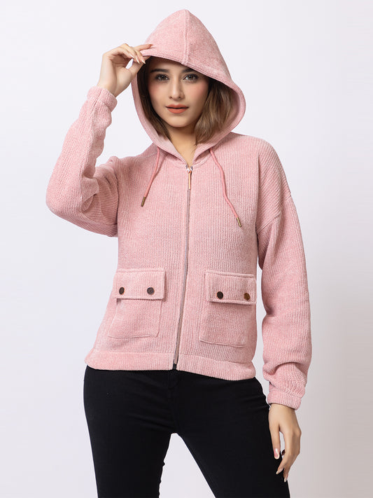 ARISH Light Pink Zipper Hoodie Sweater Knit with Patch Pockets, for Women