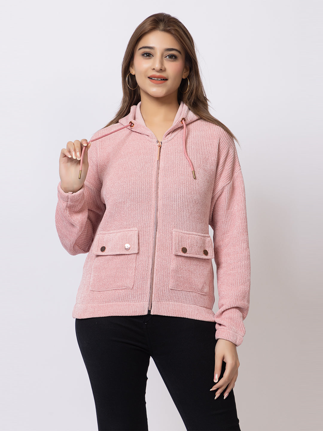 ARISH Light Pink Zipper Hoodie Sweater Knit with Patch Pockets, for Women