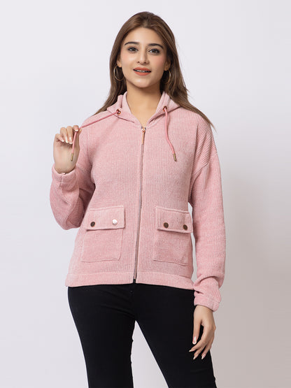 ARISH Light Pink Zipper Hoodie Sweater Knit with Patch Pockets, for Women