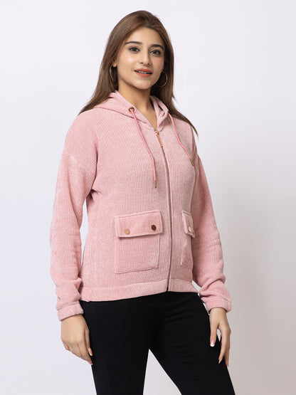 ARISH Light Pink Zipper Hoodie Sweater Knit with Patch Pockets, for Women
