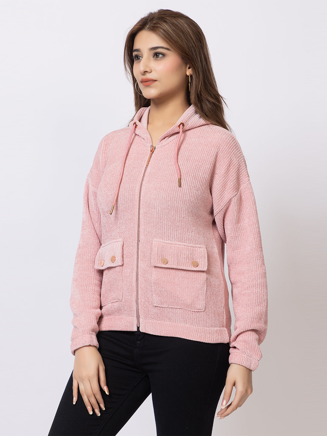 ARISH Light Pink Zipper Hoodie Sweater Knit with Patch Pockets, for Women