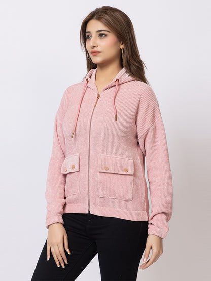 ARISH Light Pink Zipper Hoodie Sweater Knit with Patch Pockets, for Women