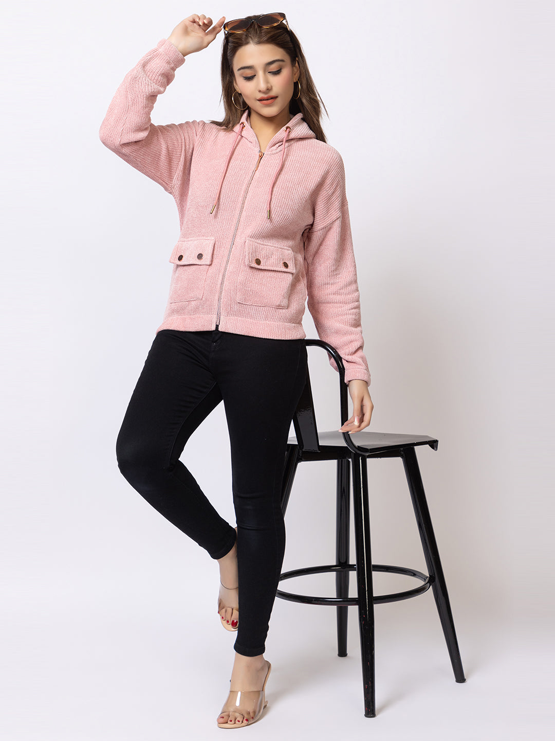 ARISH Light Pink Zipper Hoodie Sweater Knit with Patch Pockets, for Women