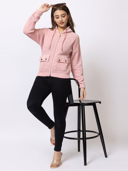 ARISH Light Pink Zipper Hoodie Sweater Knit with Patch Pockets, for Women