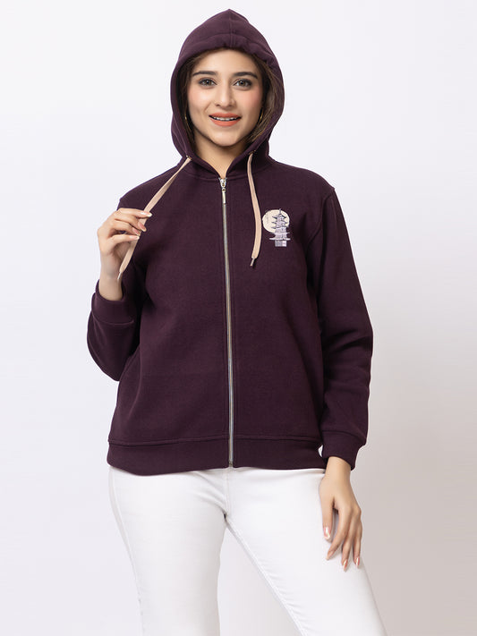 Urban Fashion Women's Zipper Hoodie, Imported Fleece, Tokyo Street Print, Wine Color