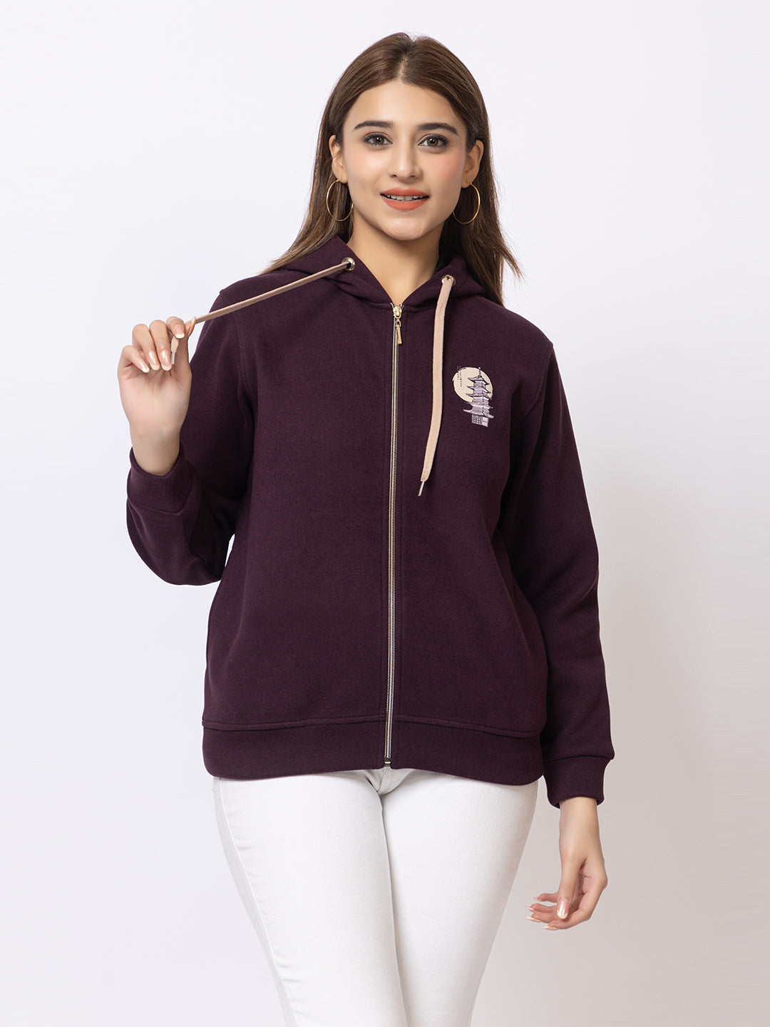 Urban Fashion Women's Zipper Hoodie, Imported Fleece, Tokyo Street Print, Wine Color