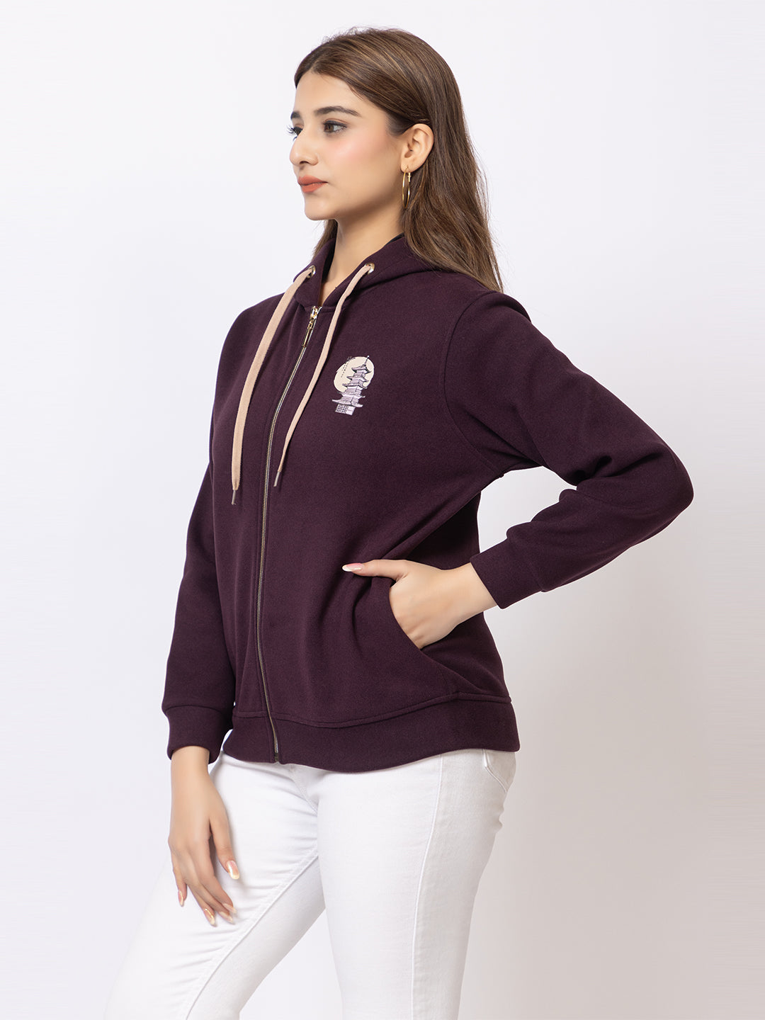 Urban Fashion Women's Zipper Hoodie, Imported Fleece, Tokyo Street Print, Wine Color