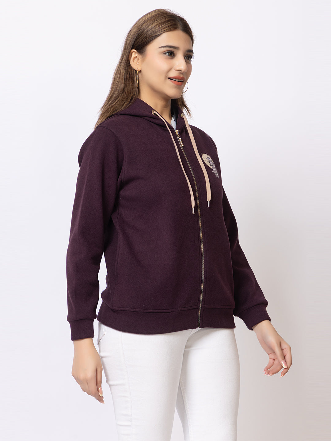 Urban Fashion Women's Zipper Hoodie, Imported Fleece, Tokyo Street Print, Wine Color
