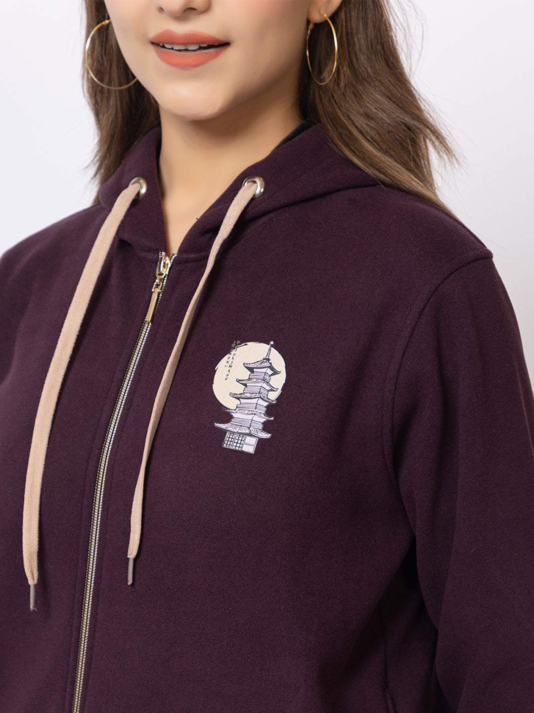 Urban Fashion Women's Zipper Hoodie, Imported Fleece, Tokyo Street Print, Wine Color