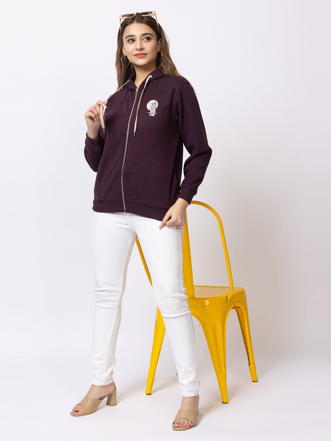 Urban Fashion Women's Zipper Hoodie, Imported Fleece, Tokyo Street Print, Wine Color