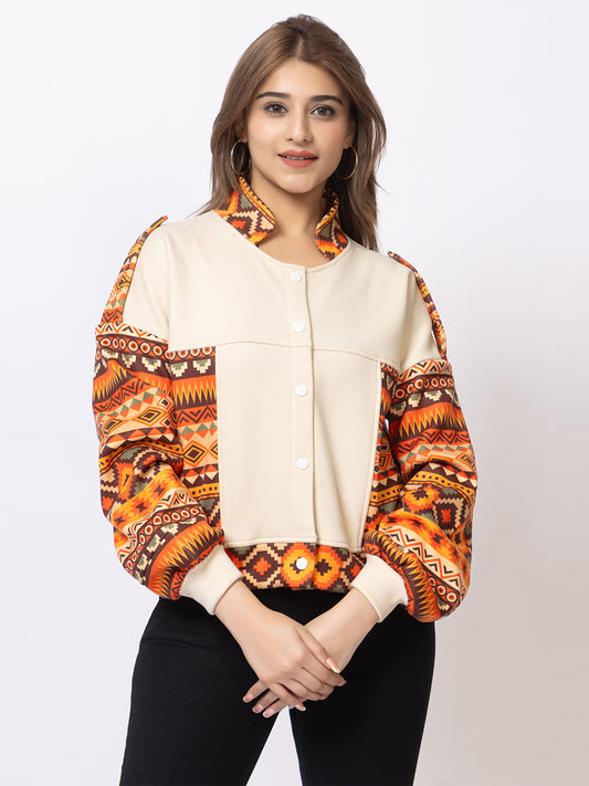 ARISH Women's Crop Jacket, Aztec Print Sleeves, Cream with Orange Geometric Pattern, Button-Up Collar with Balloon Sleeves