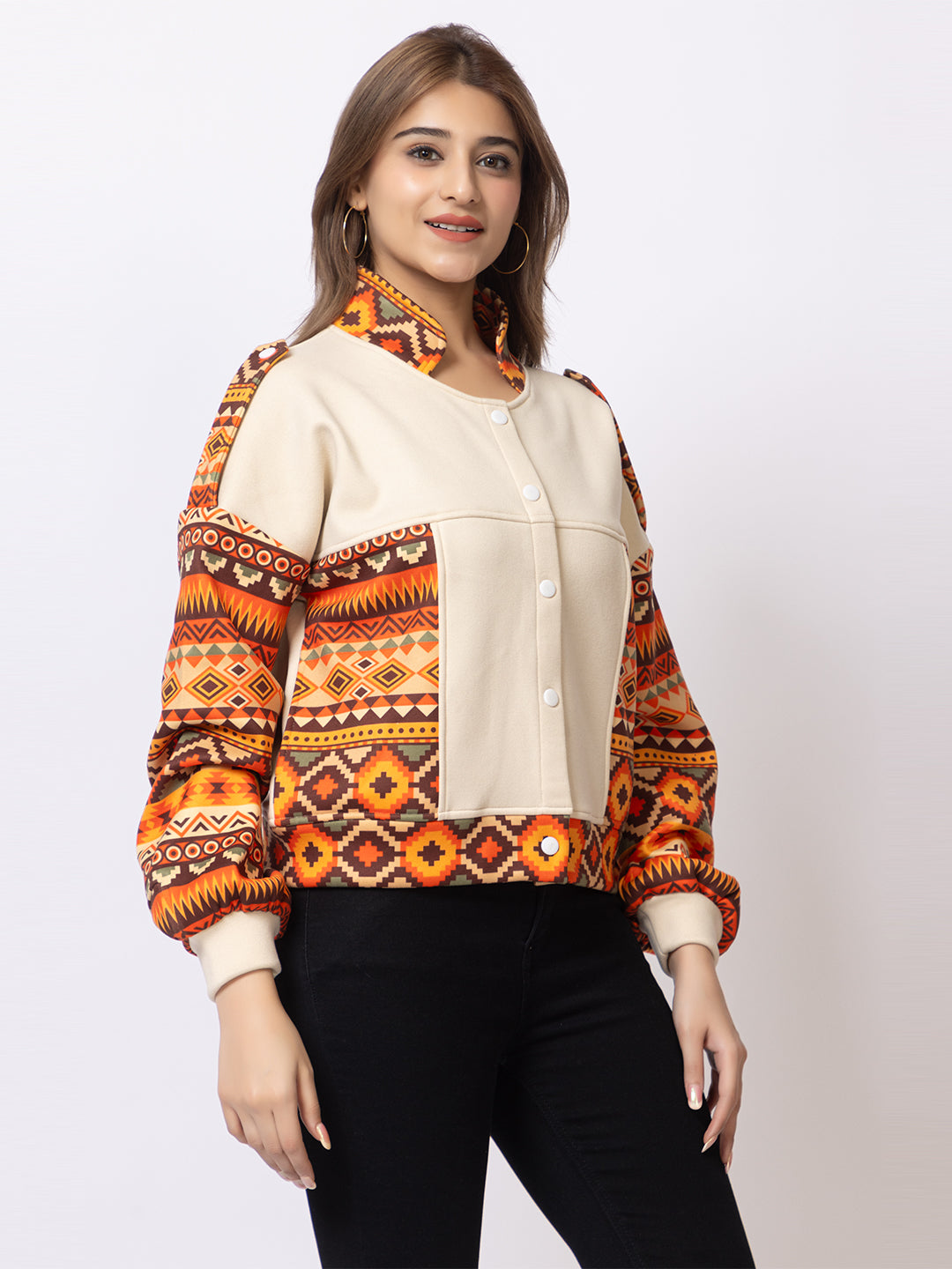 ARISH Women's Crop Jacket, Aztec Print Sleeves, Cream with Orange Geometric Pattern, Button-Up Collar with Balloon Sleeves