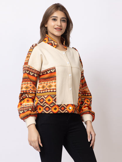 ARISH Women's Crop Jacket, Aztec Print Sleeves, Cream with Orange Geometric Pattern, Button-Up Collar with Balloon Sleeves