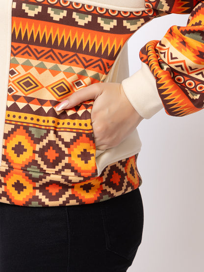 ARISH Women's Crop Jacket, Aztec Print Sleeves, Cream with Orange Geometric Pattern, Button-Up Collar with Balloon Sleeves