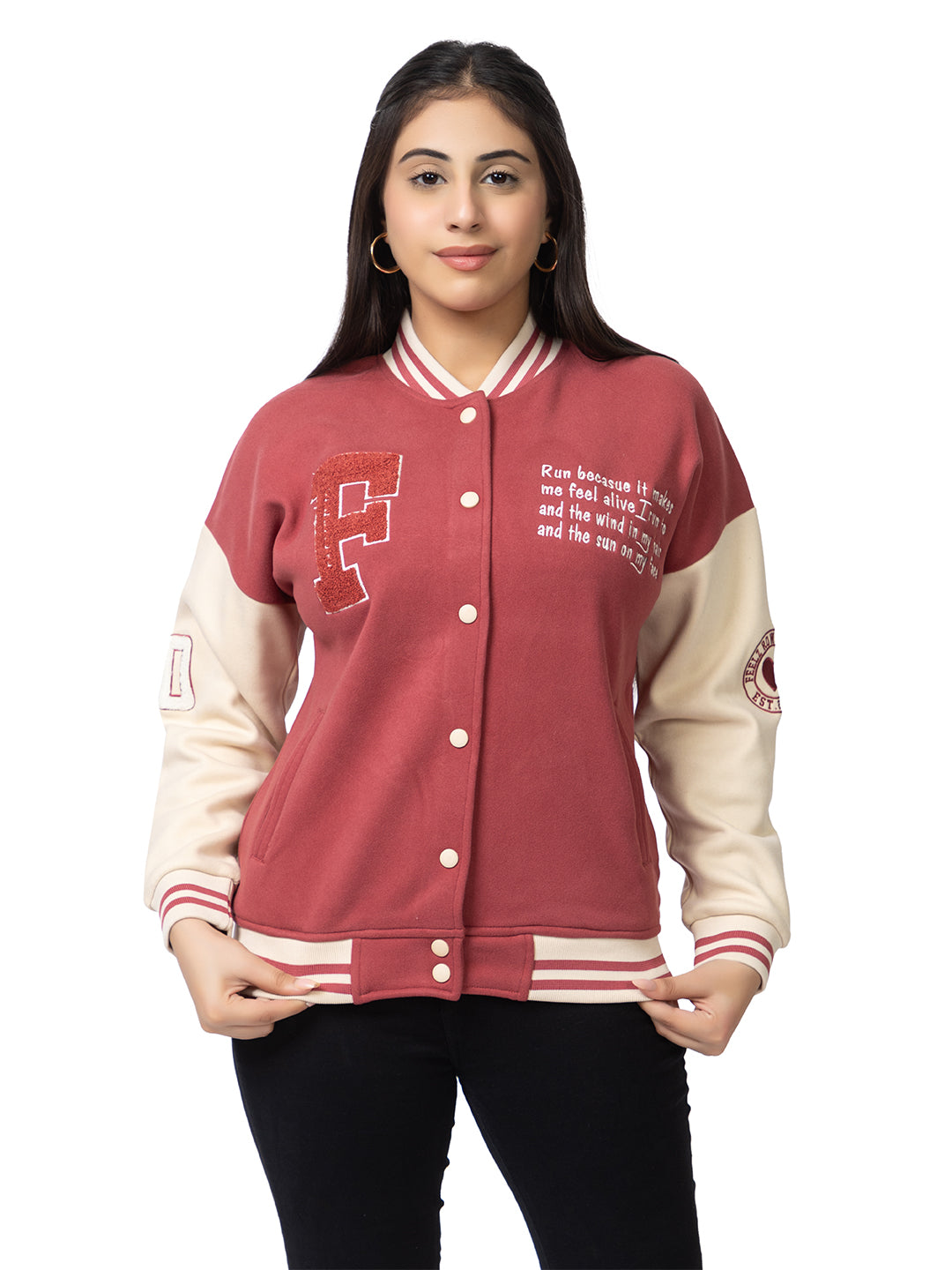ARISH Varsity Jacket, Onion Cream Red, Imported Fleece Polyester