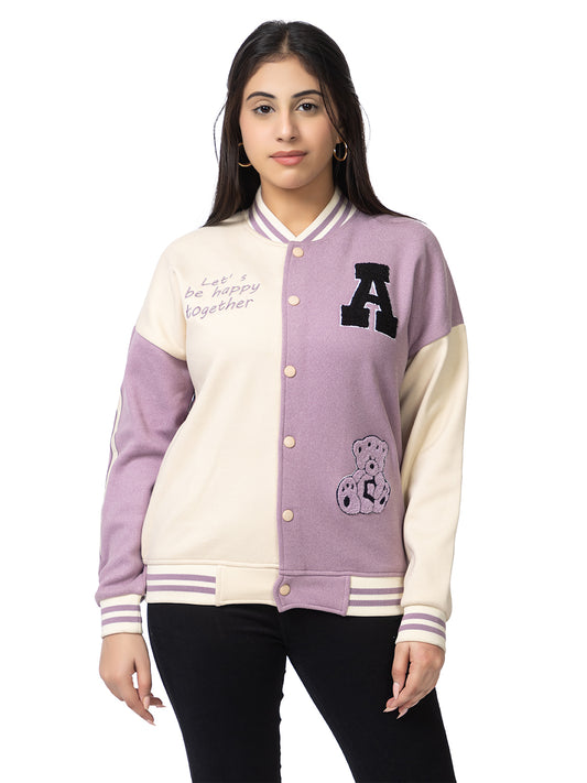 ARISH Lavender Cream Varsity Fleece Polyester Jacket, Imported