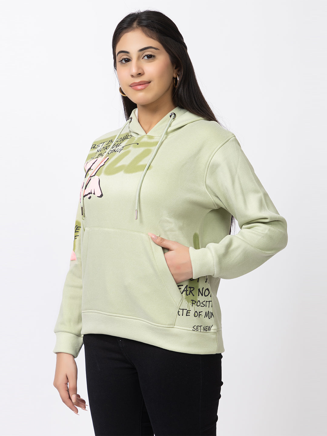 ARISH Mint Green Zipper Hoodie Sweatshirt with Kangaroo Pocket, Imported Fleece