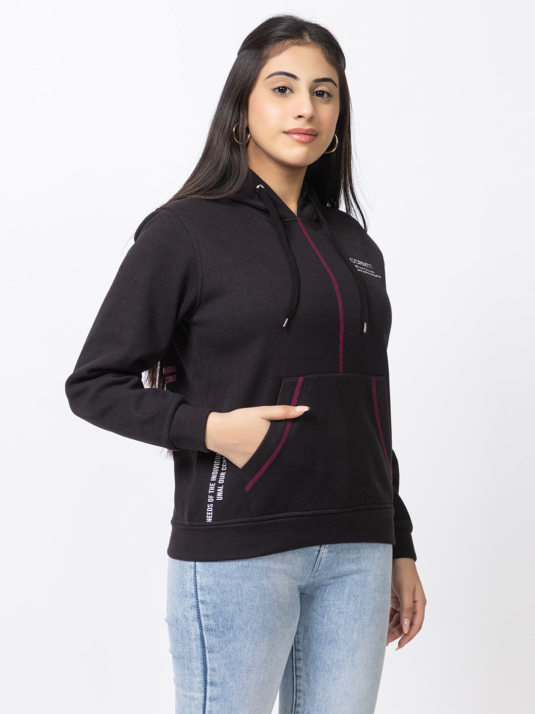 ARISH Black Sweatshirt Hoodie, Twin Color Print, Imported Fleece
