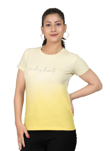 ARISH Women's Ombre Regular Fit Crew-Neck Multicoloured T-Shirt with Typographic Foil Print