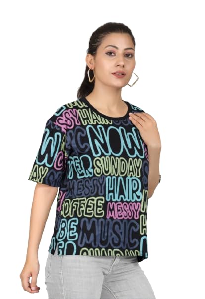 ARISH Women's Black Cotton Top for Gym, Yoga & Sports, All Over Printed,Loose Fit