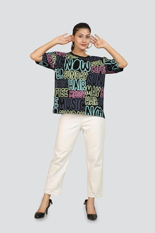 ARISH Women's Black Cotton Top for Gym, Yoga & Sports, All Over Printed,Loose Fit