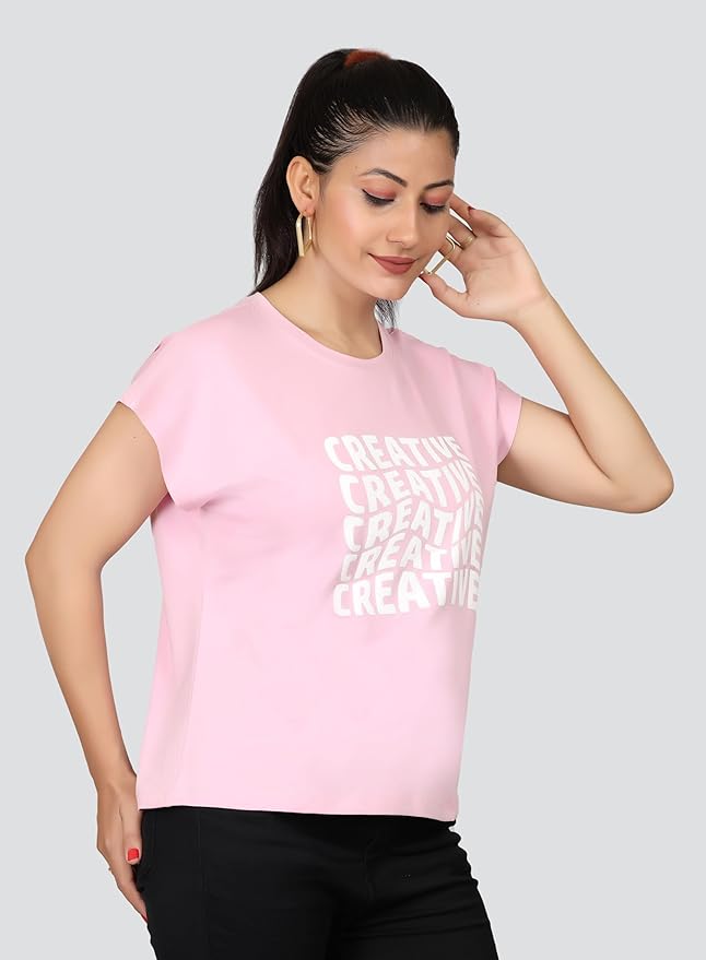 ARISH Women's Pink Cotton T-Shirt (Self Print) with 'Creative' Text HD Print, Round Neck