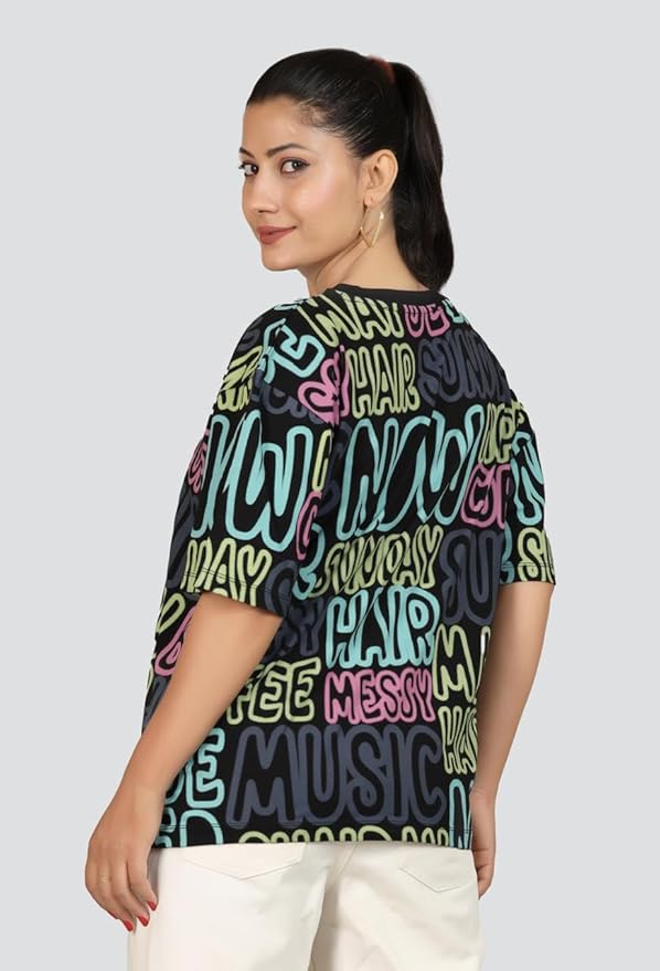ARISH Women's Black Cotton Top for Gym, Yoga & Sports, All Over Printed,Loose Fit